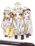  3girls :o abigail_williams_(fate/grand_order) bag bangs black_footwear blonde_hair blue_eyes blue_shirt blush boots character_name clothes_writing cosplay crossed_bandaids fate/grand_order fate_(series) flag flat_cap grey_hat hat hataraku_saibou holding holding_flag long_hair mouth_hold multiple_girls multiple_persona notice_lines open_mouth parted_bangs parted_lips photo platelet_(hataraku_saibou) platelet_(hataraku_saibou)_(cosplay) red_eyes round_teeth shirt short_sleeves shoulder_bag simple_background sofra teeth traditional_media upper_teeth very_long_hair whistle white_background white_hair 