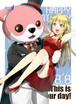  +_+ 2girls :3 :d animal_costume arm_up armpits bang_dream! bangs bear_costume bear_tail black_hat black_jacket blonde_hair bow bowtie brooch carrying confetti dated dress eyebrows_visible_through_hair formal happy_birthday harusawa hat high_heels jacket jewelry long_hair looking_at_viewer mascot_costume michelle_(bang_dream!) multiple_girls open_mouth pants princess_carry red_dress red_footwear red_neckwear sidelocks smile sparkle star suit tail top_hat tsurumaki_kokoro white_pants yellow_eyes 