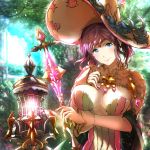  1girl blue_eyes blurry blurry_background breasts circlet cleavage granblue_fantasy hat highres kuziaaizuk lantern large_breasts lennah long_sleeves looking_at_viewer outdoors purple_hair smile solo upper_body 