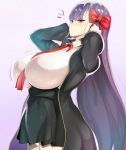  1girl absurdres arms_behind_head bangs bb_(fate)_(all) bb_(fate/extra_ccc) black_coat breasts collared_shirt commentary_request cowboy_shot erect_nipples eyebrows_visible_through_hair fate/extra fate/extra_ccc fate_(series) from_side gloves hair_ribbon high-waist_skirt highres huge_breasts kedamono_kangoku-tou lace lace-trimmed_thighhighs long_hair motion_lines neck_ribbon panties purple_hair red_neckwear red_ribbon ribbon shirt skirt sweatdrop thigh-highs underwear very_long_hair violet_eyes white_gloves white_panties white_shirt 