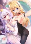  2girls absurdres asymmetrical_docking black_legwear black_leotard blonde_hair blue_eyes blush boobare_shoulders bowsette breast_press breasts cleavage commentary_request crown highres large_breasts leotard long_hair looking_at_viewer super_mario_bros. multiple_girls new_super_mario_bros._u_deluxe nintendo open_mouth pantyhose princess_king_boo super_crown transparent transparent_skirt white_hair yuxian_youka 
