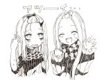 2girls :d ^_^ abigail_williams_(fate/grand_order) arm_up bangs bangs_pinned_back blush bow closed_eyes closed_eyes dress facing_viewer fate/grand_order fate_(series) forehead greyscale hair_bow hands_up head_tilt horns lavinia_whateley_(fate/grand_order) long_sleeves matching_hairstyle monochrome multiple_girls open_mouth parted_bangs parted_lips round_teeth simple_background sleeves_past_wrists smile sofra sweat teeth translation_request upper_teeth white_background 
