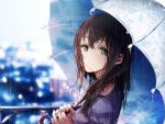  1girl black_hair blurry blurry_background brown_eyes commentary_request from_side fujiwara_hajime highres idolmaster idolmaster_cinderella_girls long_hair looking_at_viewer looking_to_the_side rain redeye_(artist) solo umbrella upper_body 