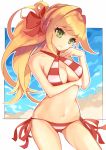  1girl absurdres bangs beach bikini blonde_hair border bow breasts cowboy_shot criss-cross_halter eyebrows_visible_through_hair fate/grand_order fate_(series) green_eyes hair_bow halter_top halterneck highres long_hair medium_breasts navel nero_claudius_(fate)_(all) nero_claudius_(swimsuit_caster)_(fate) outdoors red_bikini red_bow sand side-tie_bikini soar solo striped striped_bikini swept_bangs swimsuit white_bikini white_border 