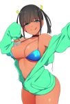  :q bikini black_hair blue_bikini blue_eyes breasts character_request copyright_request dark_skin green_hoodie heart heart-shaped_pupils highres hood hoodie large_breasts manabebebe ribbon swimsuit symbol-shaped_pupils tongue tongue_out twintails yellow_ribbon 