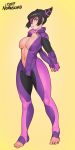  :&lt; alternate_breast_size arms_behind_back asian barefoot biker_clothes bikesuit black_hair bodysuit breasts cleavage curvy eyepatch feet female female_only full_body han_juri highres interlocked_fingers large_breasts navel no_bra norasuko one-eyed short_hair simple_background solo stomach street_fighter street_fighter_v stretching thick_thighs thighs toeless_legwear toes unzipped violet_eyes 