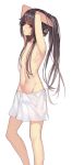  1boy :o adjusting_hair armpits arms_behind_head arms_up brown_hair collarbone eyebrows_visible_through_hair highres long_hair looking_at_viewer looking_to_the_side navel original otoko_no_ko red_eyes solo standing towel weiyinji_xsk white_background 