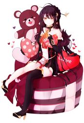  1girl annlin ara_han bare_shoulders blush box collarbone cushion earrings elsword gift gift_box hair_ornament hairpin heart highres jewelry long_hair sitting sitting_on_object smile stuffed_animal stuffed_toy teddy_bear yama_raja_(elsword) 