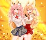  2girls animal_ear_fluff animal_ears blonde_hair blush breasts clothes_around_waist fang fate/extra fate/extra_ccc fate/extra_ccc_fox_tail fate/grand_order fate_(series) fox_ears fox_girl fox_tail highres jacket_around_waist large_breasts long_hair looking_at_viewer multiple_girls one_eye_closed open_mouth paw_pose pink_hair school_uniform shirt skirt smile suzuka_gozen_(fate) tail tamamo_(fate)_(all) tamamo_jk_(fate) twintails yellow_eyes 