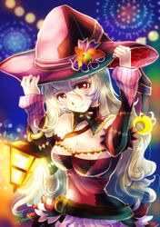  1girl female_my_unit_(fire_emblem_if) fire_emblem fire_emblem_heroes fire_emblem_if halloween_costume hat highres kana_(kanakothird) lantern long_hair looking_at_viewer my_unit_(fire_emblem_if) nintendo red_eyes smile solo wavy_hair white_hair witch_hat 