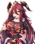 1girl bangs black_gloves blush breastplate breasts brown_shirt cleavage closed_mouth commentary_request covered_navel dragalia_lost eyebrows_visible_through_hair fang fang_out finger_to_mouth fur_trim gloves hair_between_eyes head_tilt headpiece highres horns long_hair looking_at_viewer mumu_(dragalia_lost) puffy_short_sleeves puffy_sleeves red_eyes redhead see-through shirt short_sleeves smile solo upper_body very_long_hair ym_(distance819) 