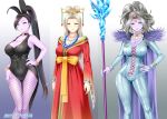  3girls animal_ears bead_necklace beads black_hair blue_bodysuit blue_eyes bodysuit breasts bridal_gauntlets bunnysuit cleavage cleavage_cutout collarbone dragon_quest dragon_quest_xi dress earrings grey_hair hair_ornament hairband highres huge_filesize jewelry large_breasts light_brown_hair lizlette long_hair martina_(dq11) multiple_girls nail_polish necklace nima_daishi off-shoulder_dress off_shoulder purple_lips purple_nails purple_skin rabbit_ears st.germain-sal staff very_long_hair violet_eyes wavy_hair 