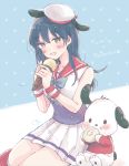  1girl :d animal_ears artist_name baozi blue_hair blue_neckwear blush bow bowtie character_name crossover dog dog_ears double-breasted eating eyebrows_visible_through_hair food food_on_face hat holding holding_food ice_cream_cone kudo_(low_temp) long_hair love_live! love_live!_school_idol_project open_mouth pale_color pleated_skirt pochacco polka_dot polka_dot_background red_sailor_collar sailor_collar sanrio school_uniform serafuku sitting skirt smile sonoda_umi white_skirt yellow_eyes 