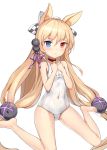  1girl animal_ears barefoot beads bell blonde_hair cat_ears collar commentary_request covered_navel g41_(girls_frontline) girls_frontline hair_beads hair_ornament hands_on_own_chest heterochromia highres jingle_bell legs long_hair low-tied_long_hair mr_arme ribbon school_swimsuit simple_background sitting solo spread_legs swimsuit toes twintails very_long_hair white_background white_school_swimsuit white_swimsuit 
