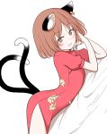  1girl animal_ears arched_back blush brown_eyes brown_hair cat_ears cat_tail chen china_dress chinese_clothes dress ear_piercing eyes_visible_through_hair floral_print hands_in_hair looking_at_viewer multiple_tails nekomata open_mouth piercing red_dress shiisuu_rattamu short_hair solo tail thighs touhou two_tails 