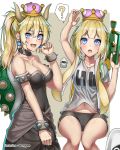  2girls :d :o ? absurdres arm_up armlet artist_name bare_arms bare_legs bare_shoulders bike_shorts black_collar black_dress blonde_hair blooper blue_eyes blush borrowed_design bowsette bracelet breasts bungyeo_(wkddnjs1324) cleavage clothes_grab clothes_writing collar collarbone commentary cosplay covered_navel cowboy_shot crown dress earrings english_commentary eyebrows_visible_through_hair fang hair_between_eyes hand_up high_ponytail highres hips holding holding_weapon horns inkling inkling_(cosplay) jewelry long_hair looking_at_viewer super_mario_bros. medium_breasts midriff_peek multiple_girls navel new_super_mario_bros._u_deluxe nintendo open_mouth pointy_ears ponytail shirt short_sleeves sidelocks sitting smile spiked_armlet spiked_bracelet spiked_collar spiked_shell spiked_tail spikes splatoon spoken_question_mark squid standing stomach strapless strapless_dress suction_cups super_crown super_mario_bros. sweatdrop t-shirt tentacle_hair turtle_shell upper_teeth very_long_hair weapon 