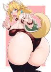  1girl ass blonde_hair blue_eyes blush bowsette breasts crown curvy earrings from_behind highres hips horns huge_ass jewelry large_breasts leotard looking_at_viewer looking_back super_mario_bros. new_super_mario_bros._u_deluxe nintendo open_mouth paw_pose piku0piku pointy_ears ponytail sharp_teeth shell sideboob solo super_crown sweatdrop tail teeth thick_thighs thigh-highs thighs tongue wide_hips 