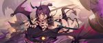  1girl breasts daye_bie_qia_lian fangs highres horns katana looking_at_viewer lying medium_breasts monster on_stomach oni oni_horns open_mouth original purple_hair slit_pupils smile sword tail tail_cutout weapon yellow_eyes 