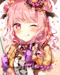  1girl ;q alternate_hairstyle bang_dream! black_neckwear blush bow bowtie candy_hair_ornament cross-laced_clothes double_bun eyebrows_visible_through_hair food_themed_hair_ornament frilled_sleeves frills gloves hair_bow hair_ornament head_wings holding index_finger_raised jack-o&#039;-lantern jack-o&#039;-lantern_hair_ornament long_hair looking_at_viewer maruyama_aya one_eye_closed pink_eyes pink_hair polka_dot polka_dot_neckwear purple_gloves short_sleeves solo star striped striped_gloves taya_5323203 tongue tongue_out upper_body 