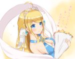  1girl bare_shoulders blonde_hair blue_dress blue_hair blush bouquet breasts cleavage cleavage_cutout collarbone dragalia_lost dress flower hair_ornament highres holding holding_bouquet jewelry long_hair smile solo tiara translated xethia 