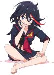  1girl black_hair highlights ixy kill_la_kill matoi_ryuuko multicolored_hair redhead revealing_clothes short_hair simple_background sitting solo streaked_hair two-tone_hair 