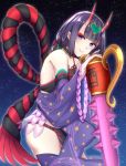  absurdres artist_request bare_shoulders blush bob_cut breasts closed_mouth club eyeliner fate/grand_order fate_(series) forehead_jewel fundoshi headpiece highres hips horns japanese_clothes looking_at_viewer low_twintails makeup off_shoulder oni oni_horns pelvic_curtain purple_hair rope short_eyebrows short_hair short_twintails shuten_douji_(fate/grand_order) small_breasts smile solo spiked_club star star_print tabard thighs twintails violet_eyes weapon 
