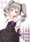  1girl black_bow blush book bow choker closed_mouth collarbone drill_hair eyebrows_visible_through_hair hair_bow hand_on_own_chest hyuuga_azuri idolmaster idolmaster_cinderella_girls kanzaki_ranko long_hair looking_at_viewer nail_polish notebook purple_nails red_eyes short_sleeves silver_hair solo twin_drills twintails upper_body 