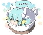  ... 1girl :&lt; aqua_hair bangs blush closed_mouth commentary_request cup dragon_horns eyebrows_visible_through_hair fate/grand_order fate_(series) hair_between_eyes headgear horns in_container in_cup kiyohime_(fate/grand_order) long_hair looking_at_viewer milkpanda minigirl solo spoken_ellipsis very_long_hair yellow_eyes 