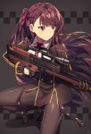  1girl bangs bipod black_legwear black_skirt blazer braid breasts bullpup closed_mouth collared_shirt eyebrows_visible_through_hair framed_breasts french_braid girls_frontline gloves gun hair_ribbon half_updo high-waist_skirt holding holding_gun holding_weapon jacket kim_bae-eo large_breasts long_hair looking_afar necktie one_knee one_side_up pantyhose pelvic_curtain purple_hair red_eyes red_neckwear red_ribbon ribbon rifle shirt signature simple_background skirt sniper_rifle solo squatting strap striped striped_shirt thighband_pantyhose trigger_discipline very_long_hair wa2000_(girls_frontline) walther walther_wa_2000 weapon white_shirt 