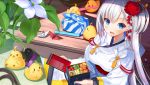  &gt;_&lt; 1girl :d animal atori azur_lane bangs bird blue_eyes blush breasts checkered cherry_tomato chick closed_eyes commentary_request eyebrows_visible_through_hair fingernails flower food hair_between_eyes hair_flower hair_ornament highres holding japanese_clothes kimono long_hair long_sleeves looking_at_viewer medium_breasts mole mole_under_eye obentou obi open_mouth origami paper_crane red_flower sash shoukaku_(azur_lane) silver_hair smile solo very_long_hair white_flower white_kimono wrapped_obentou 