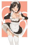  1girl 2l_(2lsize) @_@ apron ass_visible_through_thighs bangs black_hair blunt_bangs blush bob_cut cowboy_shot embarrassed frills garter_straps grey_eyes heart heart_hands highres long_sleeves looking_at_viewer maid maid_headdress nose_blush open_mouth original short_hair solo standing thigh-highs tsurime waist_apron white_legwear wrist_cuffs 