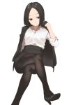  1girl 2l_(2lsize) black_footwear black_hair black_legwear brown_eyes closed_mouth forehead high_heels highres jacket_on_shoulders jitome legs_crossed long_sleeves office_lady original pantyhose red_eyes short_hair simple_background sitting sleeves_rolled_up solo tsurime white_background 