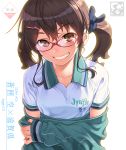  1girl aoi_sora_(pairan) artist_name bangs black_ribbon blush brown_eyes brown_hair clothes_writing collarbone commentary_request eyebrows_visible_through_hair glasses green_jacket grin hair_ornament hair_ribbon hairclip head_tilt highres jacket long_hair long_sleeves looking_at_viewer low_twintails off_shoulder original pairan parted_lips red-framed_eyewear reflective_eyes ribbon shirt short_sleeves sidelocks simple_background sleeves_past_wrists smile solo tareme teeth track_jacket twintails undressing upper_body white_background white_shirt wing_collar 