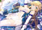  1girl arm_up azur_lane bangs bare_shoulders blonde_hair blurry blurry_foreground blush bow breasts commentary_request day depth_of_field detached_sleeves dress eyebrows_visible_through_hair forbin_(azur_lane) gloves green_eyes hair_between_eyes hair_bow hair_bun large_breasts long_sleeves looking_at_viewer lying on_back outdoors parted_lips ribbon shallow_water side_bun sleeveless sleeveless_dress solo sunlight thigh-highs torn_clothes torn_dress water wet wet_clothes wet_legwear white_bow white_dress white_gloves white_legwear white_ribbon white_sleeves yano_mitsuki 