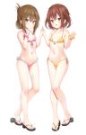  2girls absurdres bare_arms bare_legs bare_shoulders bikini blush breasts brown_eyes brown_hair collarbone commentary_request eyebrows_visible_through_hair flat_chest folded_ponytail frilled_bikini frills front-tie_bikini front-tie_top full_body hair_between_eyes hair_ornament hairclip highres holding_hands ikazuchi_(kancolle) inazuma_(kancolle) jewelry kantai_collection long_hair looking_at_viewer multiple_girls navel open_mouth pink_bikini sandals short_hair side-tie_bikini simple_background small_breasts smile standing swimsuit white_background xue_lu yellow_bikini 