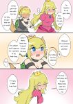  2girls arm_holding bare_shoulders black_dress blonde_hair blue_earrings blue_eyes blush blush_stickers bowsette closed_eyes comic crying crying_with_eyes_open dress engrish faceless horns long_hair super_mario_bros. multiple_girls new_super_mario_bros._u_deluxe nintendo nose_blush pink_dress ponytail pov princess_peach ranguage sesield short_hair strapless strapless_dress streaming_tears super_crown tears 