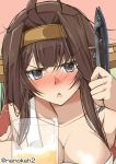  1girl @_@ ahoge alcohol apron beer beer_mug blush breasts brown_hair chestnut_mouth cleavage close-up collarbone double_bun drunk fish hairband headgear highres kantai_collection kongou_(kantai_collection) large_breasts long_hair nanokah2 nose_blush pink_background saury solo twitter_username white_apron 