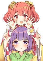  2girls :d bangs bell blush checkered checkered_kimono commentary_request flower green_kimono hair_bell hair_flower hair_ornament hair_ribbon hands_up hieda_no_akyuu highres index_fingers_raised japanese_clothes jingle_bell karasusou_nano kimono long_sleeves looking_at_viewer motoori_kosuzu multiple_girls off_shoulder open_mouth parted_lips pink_hair purple_hair red_eyes red_kimono red_ribbon ribbon short_hair simple_background smile touhou two_side_up upper_body violet_eyes white_background white_flower white_kimono wide_sleeves yellow_kimono 