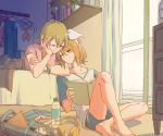  2girls bag bed blonde_hair book bow chin_rest clock closed_eyes collarbone curtains denim denim_shorts drawer face-to-face green_hair gumi hair_bow headphones highres indoors kagamine_rin leaning_on_person leaning_to_the_side lying multiple_girls on_bed on_stomach pink_shirt plant reading room sailor_collar school_uniform serafuku shelf shirt shorts sidelocks sitting smile t-shirt underl vocaloid window yuri 