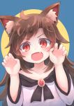  &gt;:d 1girl animal_ears blue_background brown_hair claw_pose dress fang highres imaizumi_kagerou kibisake long_hair long_sleeves red_eyes touhou two-tone_background wide_sleeves wolf_ears yellow_background 