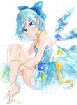  1girl absurdres adapted_costume bare_arms barefoot blue_bow blue_dress blue_eyes blue_hair blue_nails blush bow cirno closed_mouth dress flower from_side full_body hair_bow highres ice ice_wings knees_up lace leg_hug looking_at_viewer moko_(3886397) morning_glory multicolored multicolored_nails nail_polish ribbon see-through short_hair simple_background sitting sleeveless sleeveless_dress solo tanned_cirno touhou white_background wings yellow_nails yellow_ribbon 