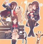  ! 2girls ? bench black_legwear blonde_hair blush brown_hair giraffe giraffe_(revue_starlight) hair_ornament hairband hands_on_another&#039;s_head highres hug hug_from_behind lap_pillow lying multiple_girls natsu97 orange_background pink_eyes saijou_claudine school_uniform shoujo_kageki_revue_starlight sitting socks tendou_maya thigh-highs thought_bubble violet_eyes yuri zzz 