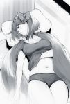  1girl breasts couch fate_(series) hair_bobbles hair_ornament hair_ribbon hairband highres large_breasts long_hair looking_at_viewer low_twintails lying midriff monochrome navel on_back on_couch osakabe-hime_(fate/grand_order) panties pillow puyo ribbon solo tank_top twintails underwear very_long_hair 