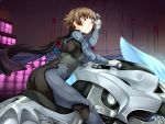  1girl ass bangs biker_clothes bodysuit braid brown_hair buttons corset cowboy_shot crown_braid from_side gloves ground_vehicle hand_in_hair hand_up highres joanna_(persona_5) leaning_forward looking_afar motor_vehicle motorcycle niijima_makoto no_mask parted_lips persona persona_5 red_eyes riding scarf short_hair shoulder_spikes solo_focus spikes yomitrooper 