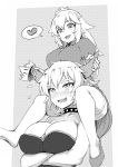  2girls absurdres blush bowsette breast_hold breasts carrying cleavage collar collarbone commentary_request crossed_arms crown dress fang greyscale heart highres horns large_breasts super_mario_bros. monochrome multiple_girls new_super_mario_bros._u_deluxe nintendo princess_peach puffy_short_sleeves puffy_sleeves shanaharuhi short_sleeves sleeveless smile spiked_collar spikes strapless super_crown sweatdrop thought_bubble yuri 