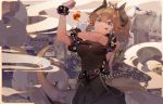 1girl armlet bare_shoulders beige_background black_collar black_dress blonde_hair blue_eyes borrowed_design bowsette bracelet breasts breathing_fire closed_mouth commentary crown dress earrings fire horns jewelry kawacy long_hair medium_breasts new_super_mario_bros._u_deluxe nintendo pointy_ears ponytail smile solo spiked_armlet spiked_bracelet spiked_shell spikes strapless strapless_dress super_crown super_mario_bros. tail tongue tongue_out turtle_shell upper_body we_can_do_it!