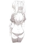  1girl 2l_(2lsize) apron ass blush butt_crack choker commentary_request cowboy_shot dimples_of_venus facing_away frill_trim from_behind greyscale hidden_face highres long_hair monochrome original simple_background solo thigh-highs twintails white_background wrist_cuffs 
