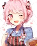  1girl ;d alternate_hairstyle apron artist_name bang_dream! blue_shirt bow braid character_name clenched_hand collared_shirt curry eyebrows_visible_through_hair flower food hair_bow hair_flower hair_ornament hand_up heart holding holding_plate looking_at_viewer maruyama_aya name_tag one_eye_closed open_mouth pink_eyes pink_hair plate shirt short_sleeves sidelocks smile solo striped striped_apron striped_bow taya_5323203 tied_hair upper_body 