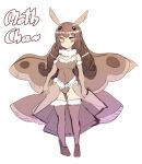  1girl absurdres bangs blush brown_hair bug character_name elbow_gloves english eyebrows_visible_through_hair full_body fur_trim gloves highres hinghoi insect leotard long_hair looking_at_viewer moth moth_girl original personification simple_background sleeveless smile solo standing strapless white_background wings 
