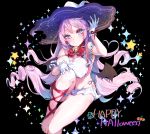  1girl barefoot bat_wings bell bell_choker blue_eyes breasts choker fangs gloves halloween happy_halloween hat highres kanola_u large_breasts looking_at_viewer open_mouth original pink_hair pointy_ears smile solo twintails wings witch_hat 